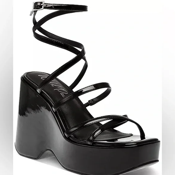 Merina Strappy Black Platform Wedge Sandals, NIB - Picture 2 of 5